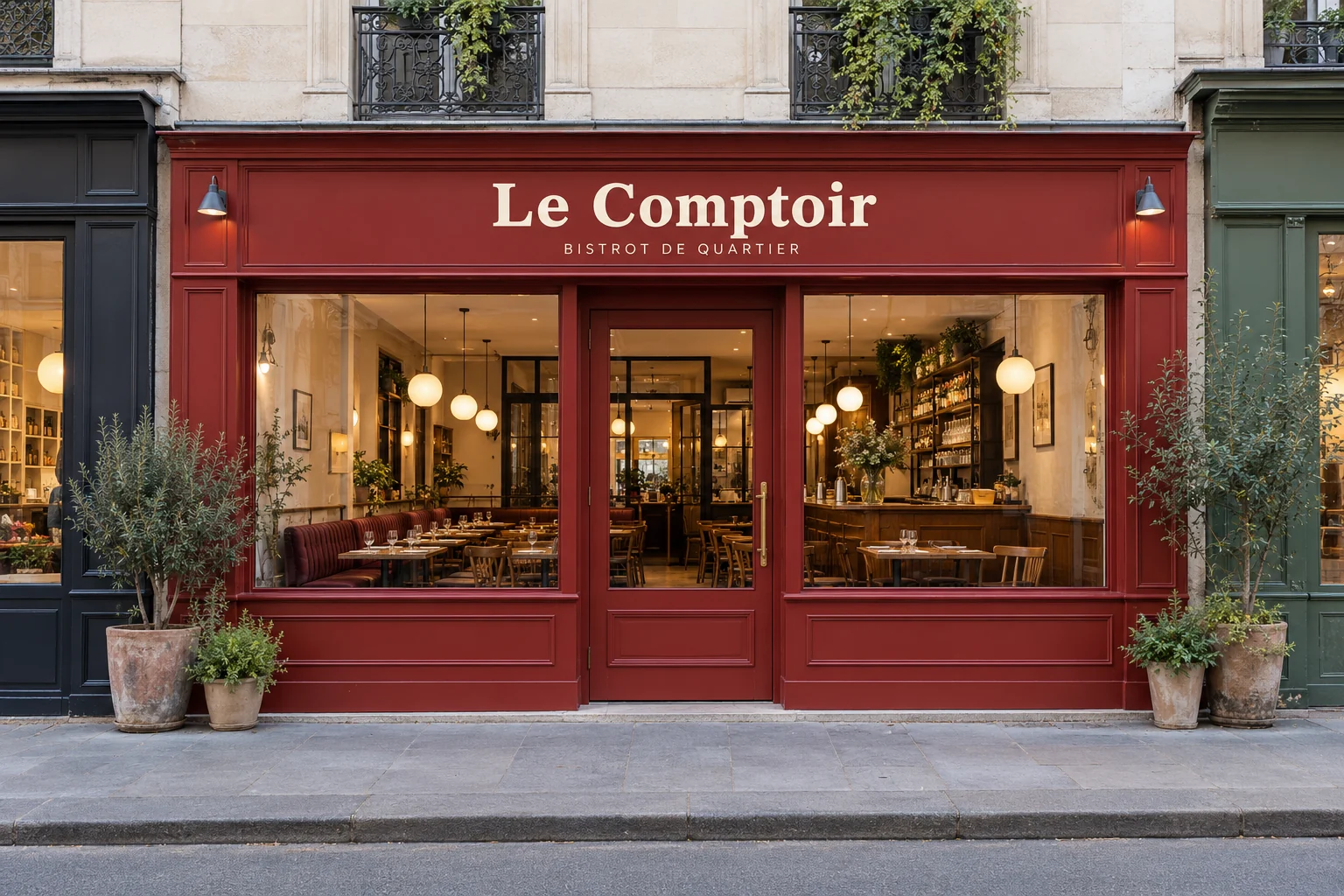 Projection de la devanture rouge du bistrot Le Comptoir