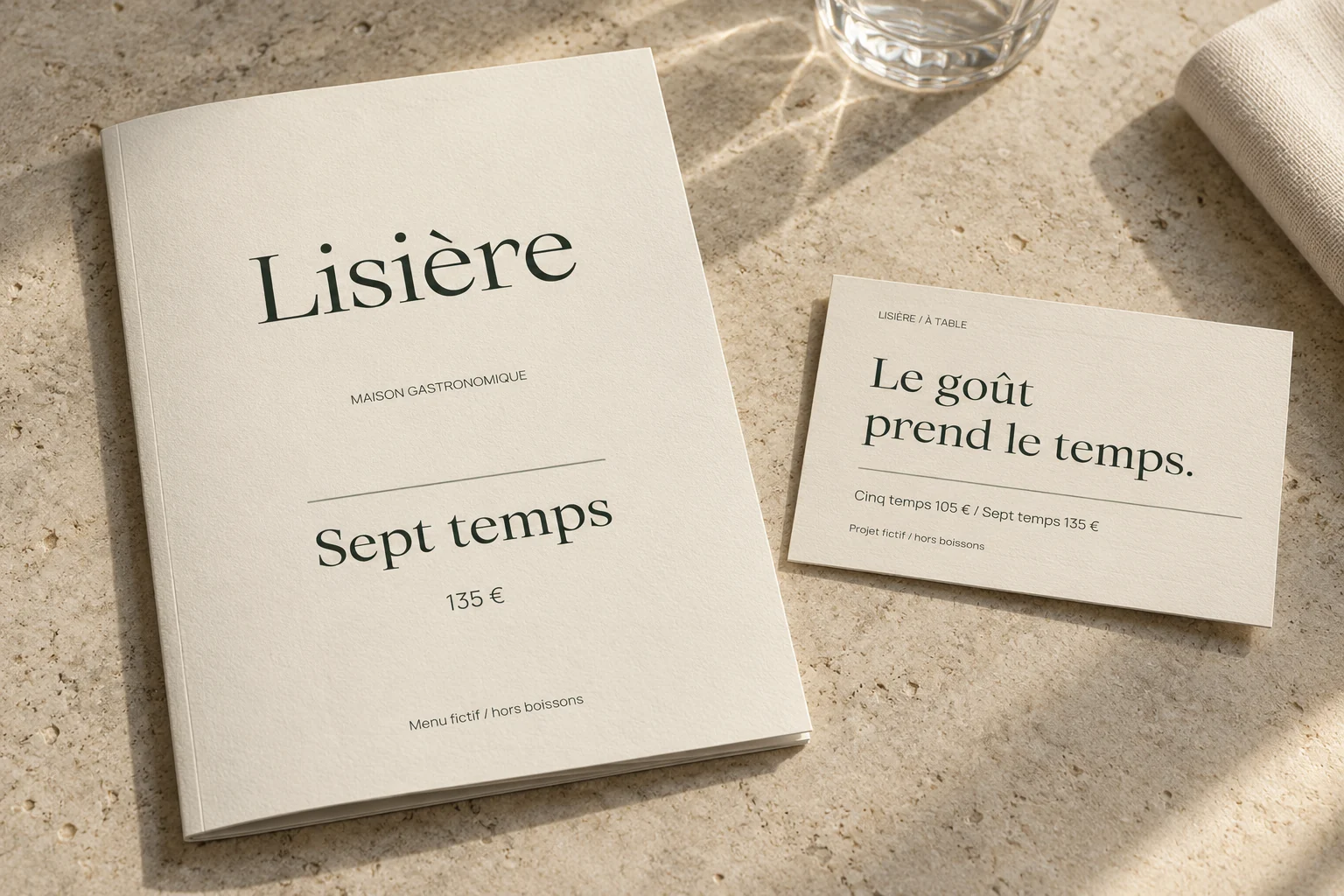 Menu et carte de table de la maison gastronomique Lisière