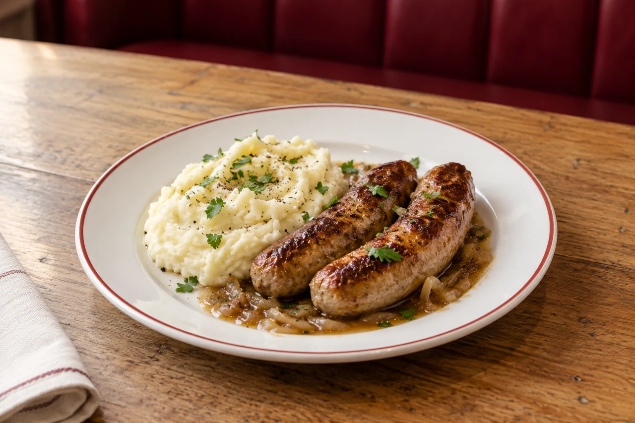 Saucisses dorées, purée de pommes de terre et jus aux oignons.