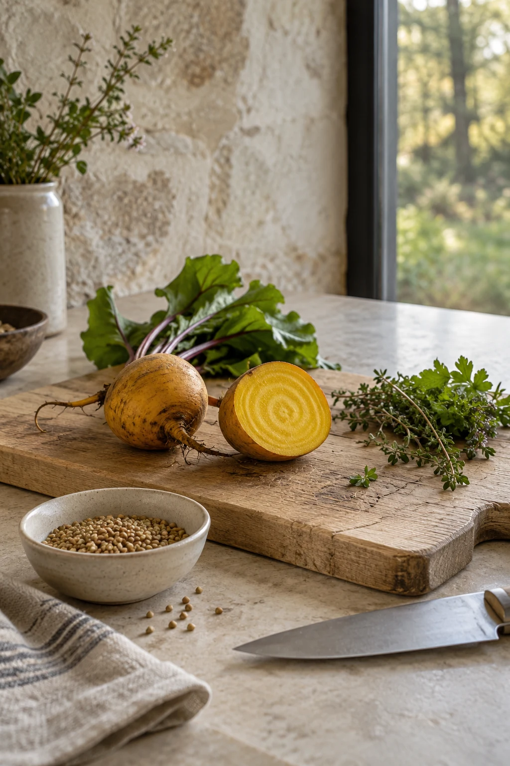 Sur le plan de travail, betterave, herbes et sarrasin accompagnent les outils de préparation du chef
