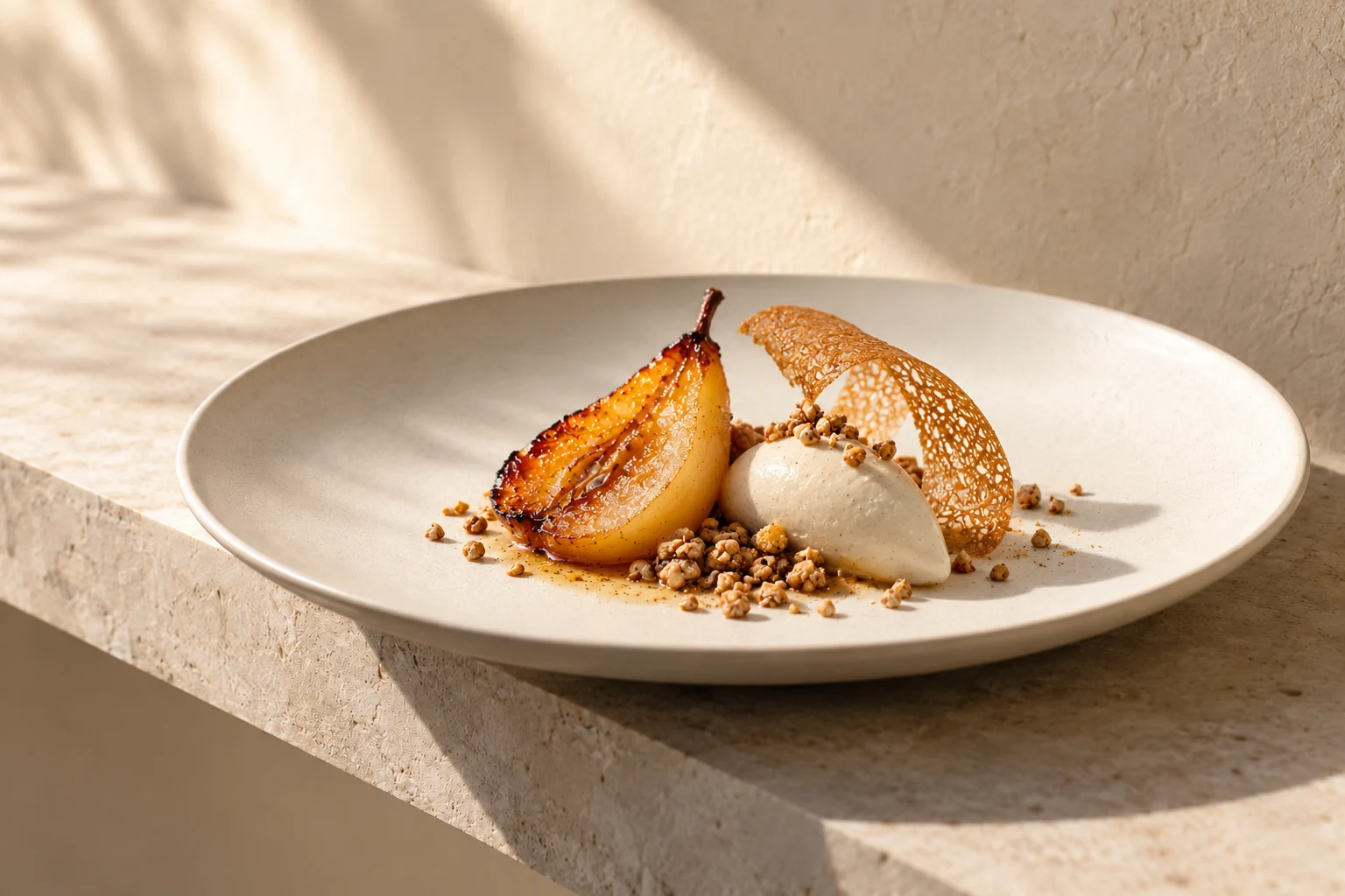 Poire caramélisée, glace et fine tuile au sarrasin dans une assiette en céramique ivoire