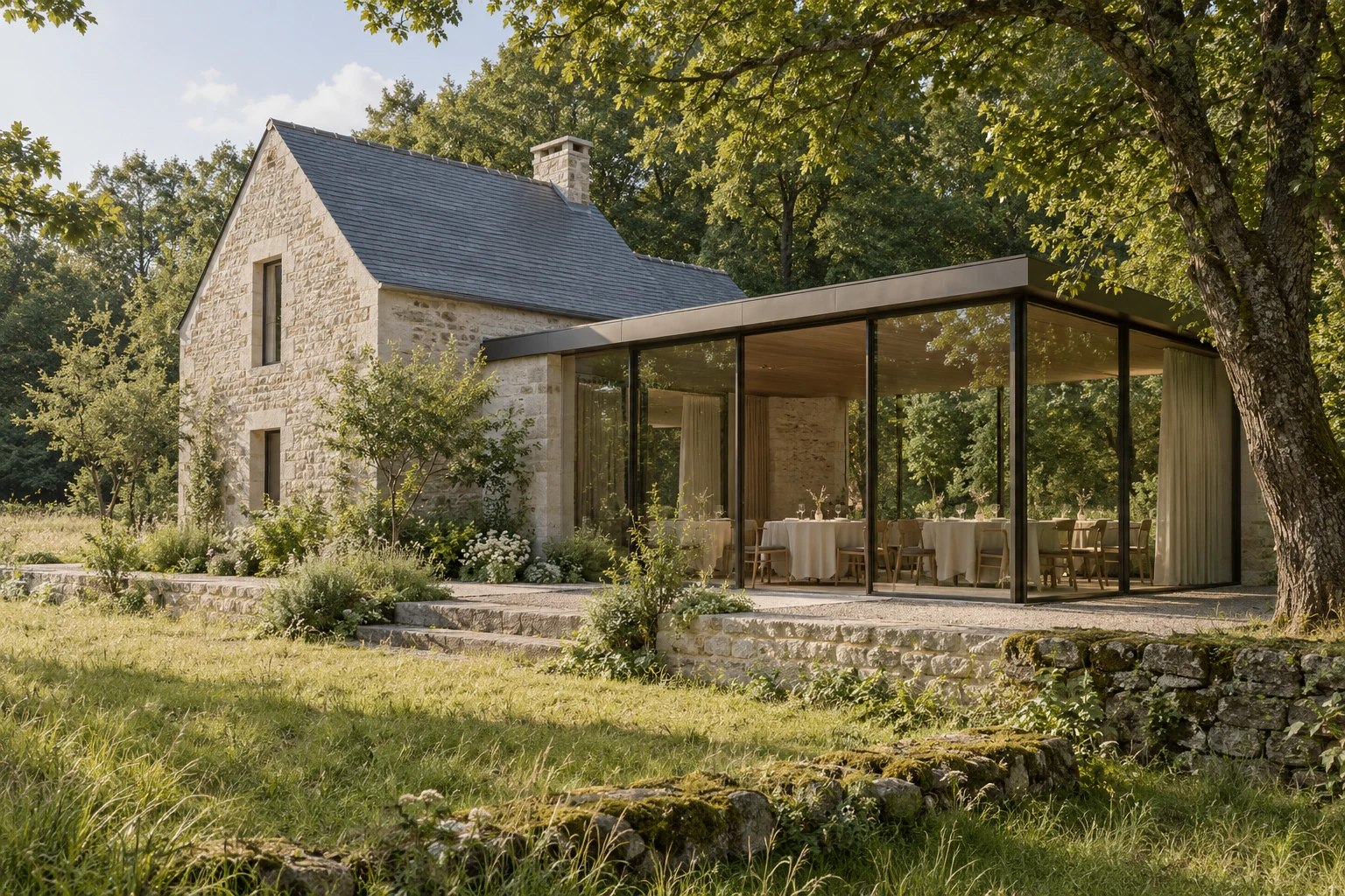 Une maison en pierre claire et son extension vitrée, ouvertes sur une clairière arborée