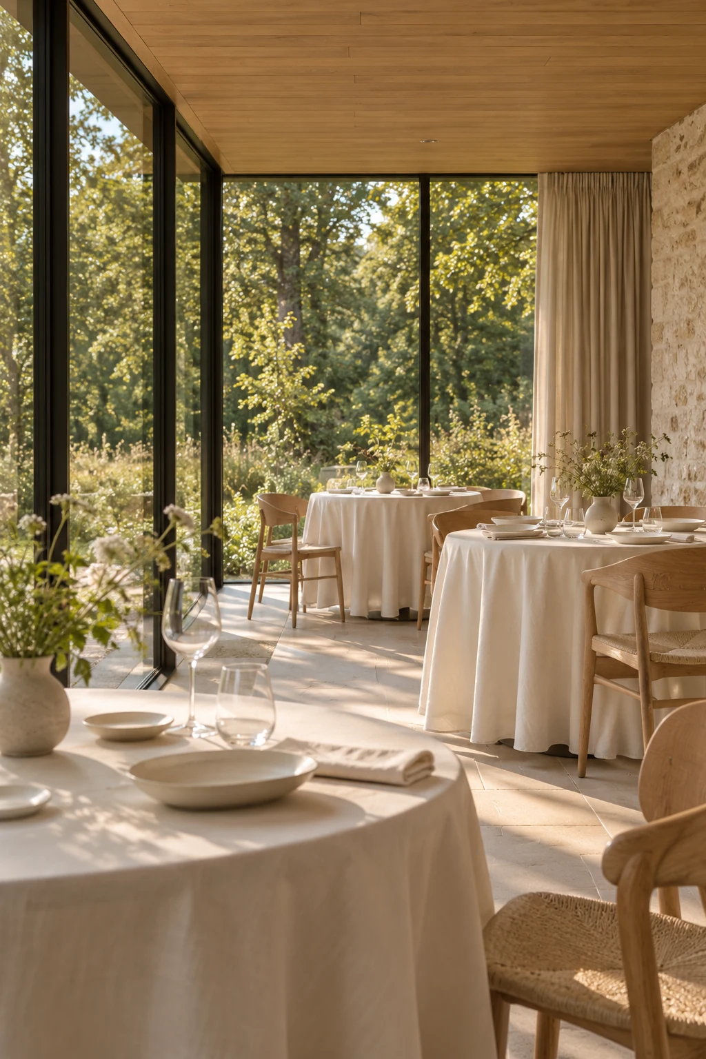 Tables en lin et chaises en bois dans une salle lumineuse vitrée donnant sur les arbres