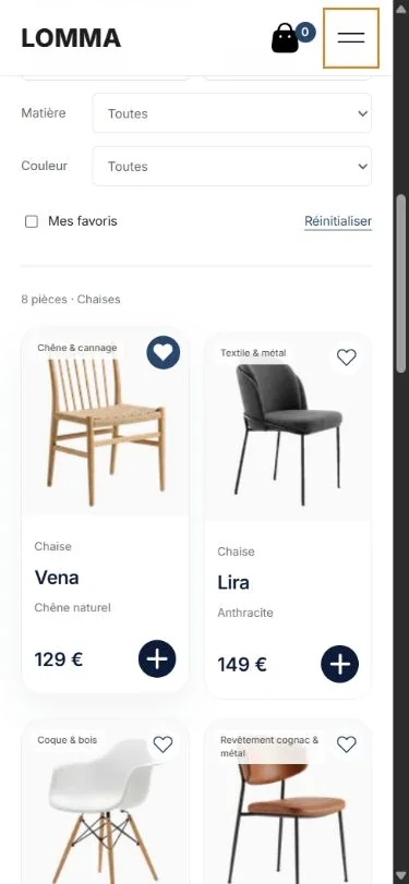 La collection LOMMA sur un écran mobile