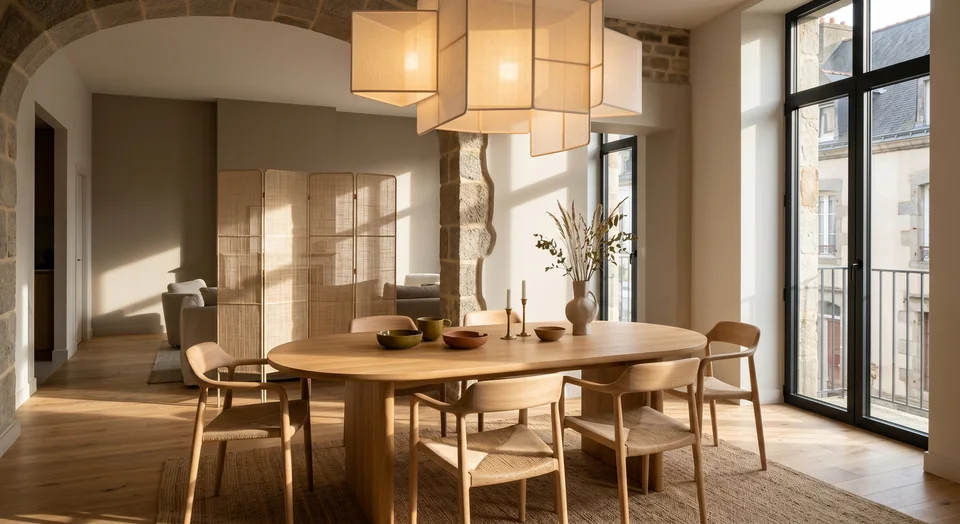 Salle à manger contemporaine en bois, baignée de lumière