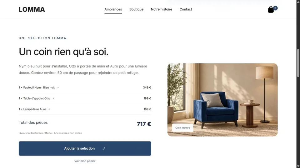 Nouvelle page d’ambiances avec ses meubles et son total