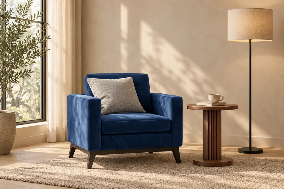 Le fauteuil Nym bleu, la table Otto et le lampadaire Auro dans un coin lecture