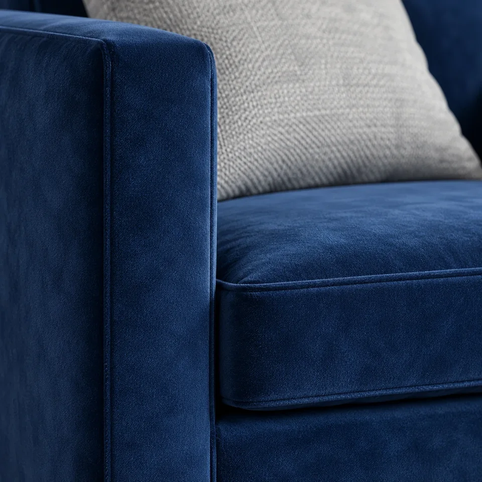 Détail du velours bleu du fauteuil Nym