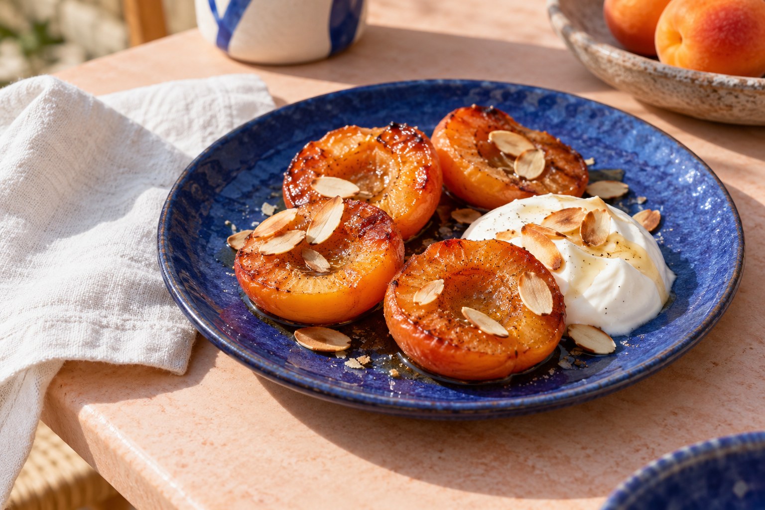 La dernière bouchée. Abricots rôtis, yaourt, miel et amandes.