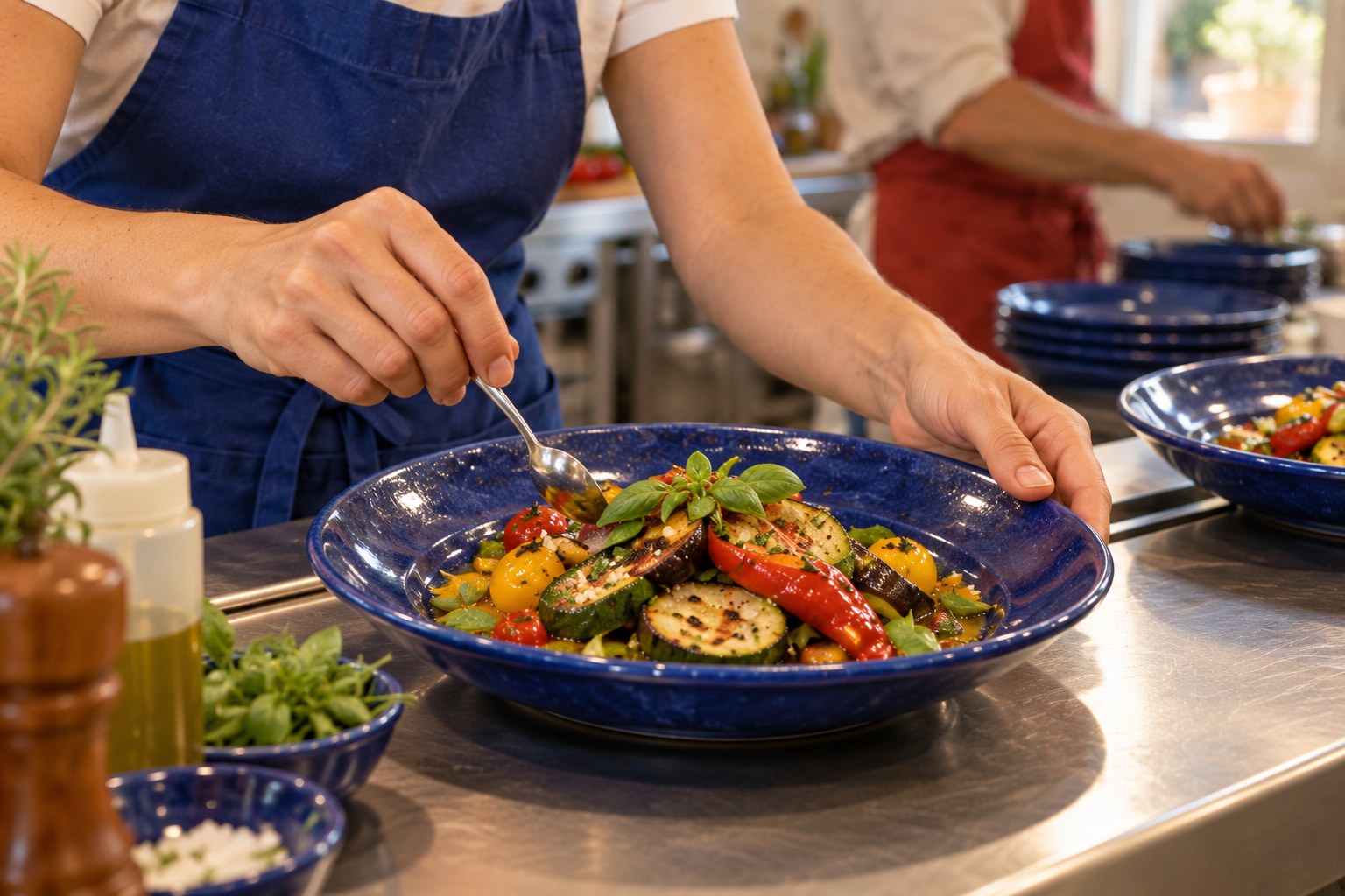 Mains fictives dressant une assiette de légumes dans la cuisine.