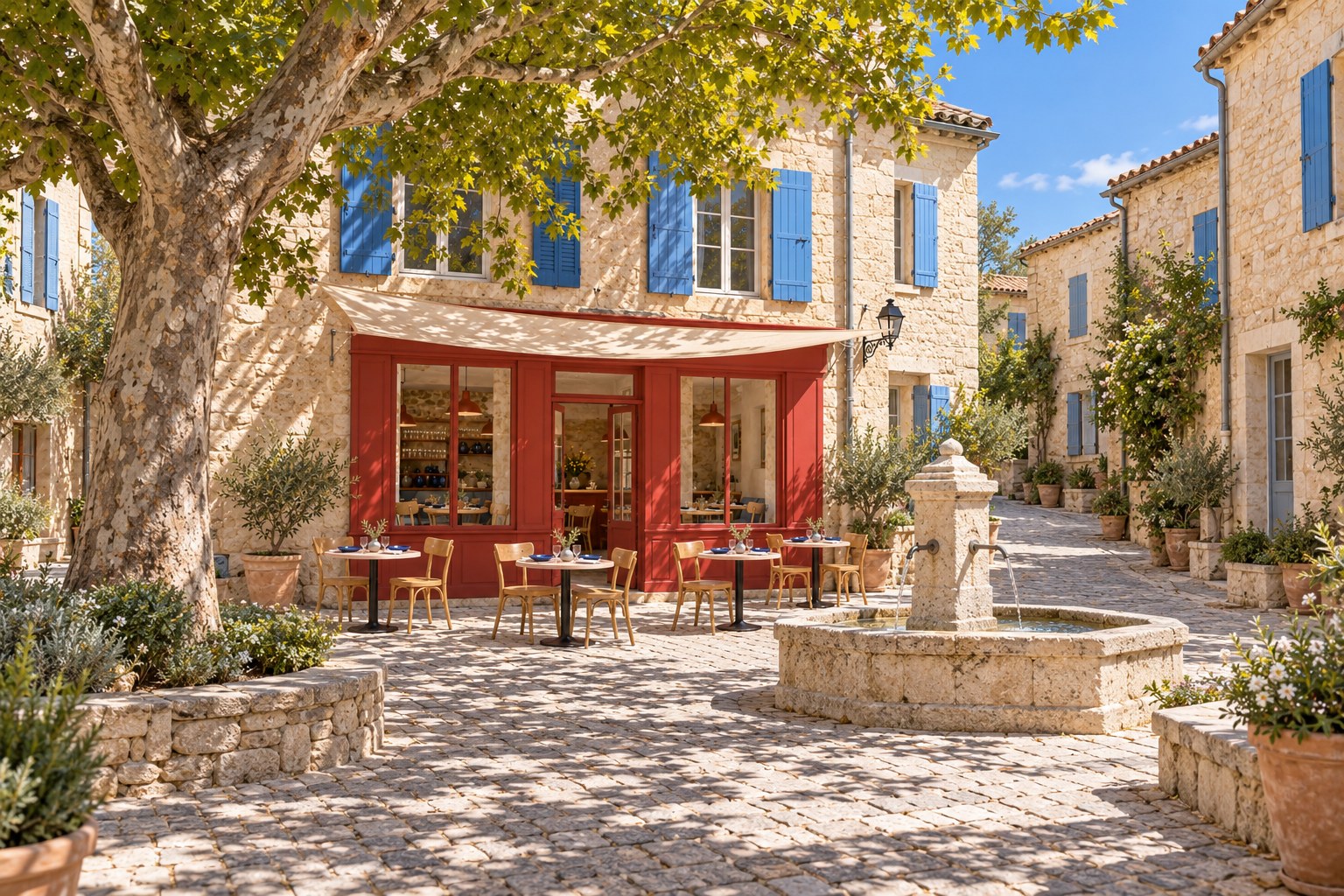 Autour de la place. Un village provençal imaginé.
